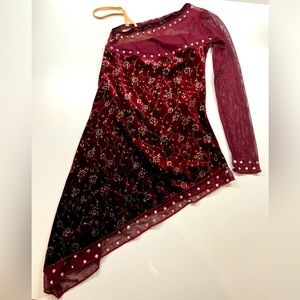 Maroon jazz dance costume with Swarovski crystal rhinestones